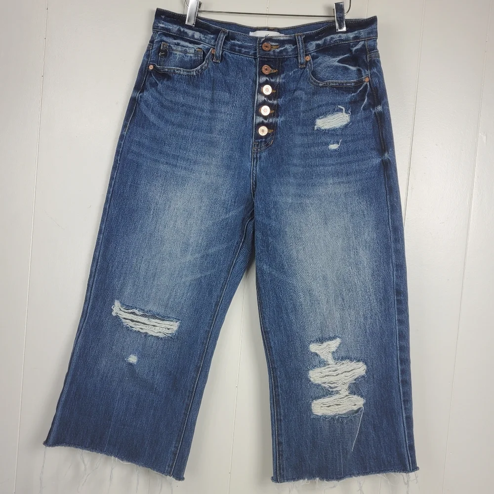 Kancan high waist button fly factory distressed raw hem cropped jeans size 11/29